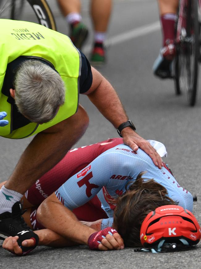 Team Katusha rider Marco Haller after his crash just before the finish line during stage two of the Tour Down Under near Angaston. Picture: AAP Image/David Mariuz