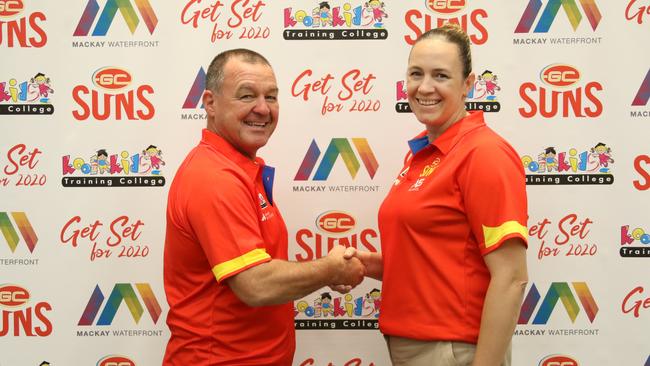 Inaugural Gold Coast Suns AFLW senior coach David Lake with women's football manager Fiona McLarty. Picture: Supplied.