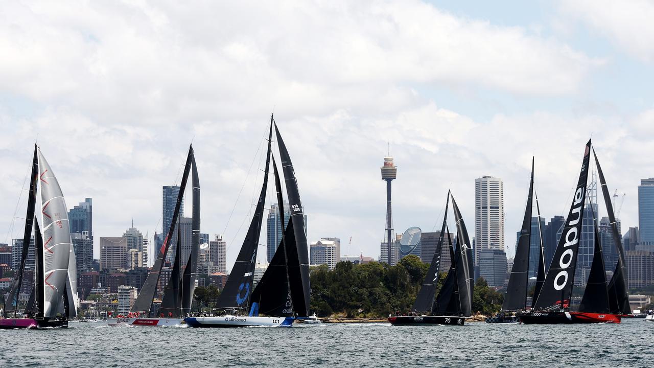 SYDNEY, AUSTRALIA - DECEMBER 06: Andoo Comanche leads at the start of the SOLAS Big Boat Challenge on December 06, 2022 in Sydney, Australia. (Photo by Matt King/Getty Images) ***BESTPIX***