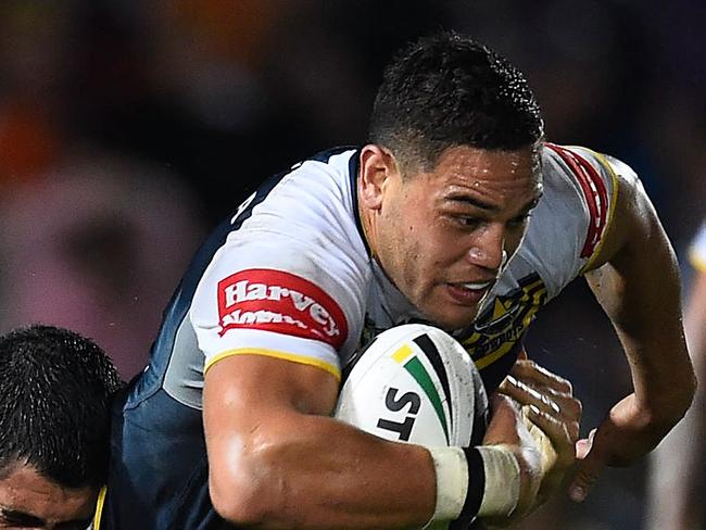 TOWNSVILLE, AUSTRALIA - JUNE 28: Antonio Winterstein of the Cowboys is tackled by Bryson Goodwin of the Rabbitohs during the round 16 NRL match between the North Queensland Cowboys and the South Sydney Rabbitohs at 1300SMILES Stadium on June 28, 2014 in Townsville, Australia. (Photo by Ian Hitchcock/Getty Images)