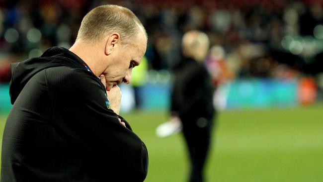 Power coach Ken Hinkley reacts after the Round 23 loss to Essendon. Picture: AAP Image/Kelly Barnes