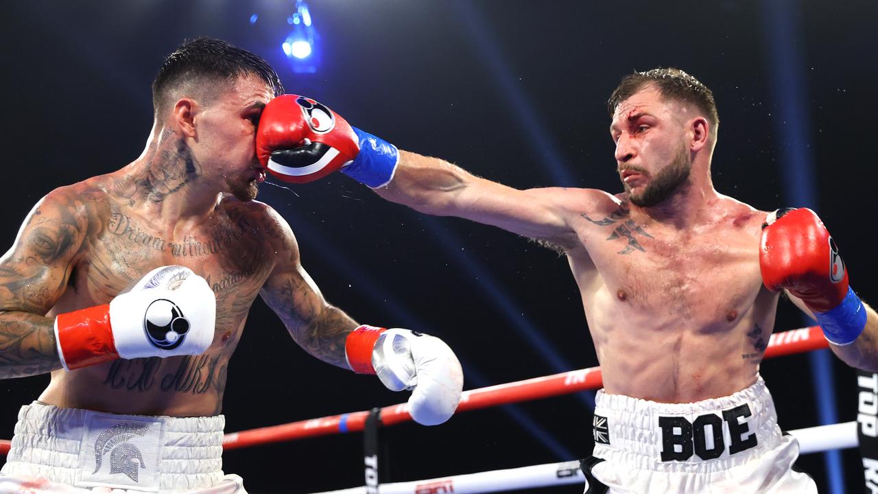 Maxi Hughes lands a punch on George Kambosos. Picture: Mikey Williams/Top Rank Inc via Getty Images