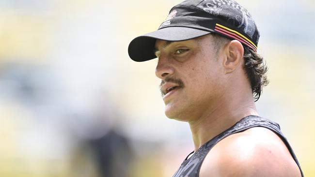 TOWNSVILLE, AUSTRALIA - FEBRUARY 15: Kotoni Staggs of the Indigenous All Stars looks on at an Indigenous All Stars captain's run at Queensland Country Bank Stadium on February 15, 2024 in Townsville, Australia. (Photo by Ian Hitchcock/Getty Images)