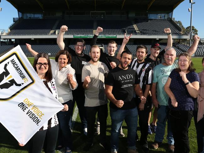 MACARTHUR CHRONICLE/AAP. Fans of the new A-League club Macarthur FC pose for a photo at Campbelltown Stadium in Leumeah, Saturday, 25th May 2019. Fans of the new A-League club Macarthur FC have started a new supporters group. (AAP IMAGE / Robert Pozo).