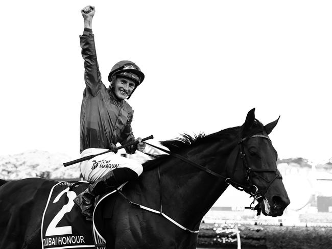 SYDNEY, AUSTRALIA - APRIL 08: (EDITOR NOTE: This image has been converted to black and white.) Tom Marquand riding Dubai Honour wins  Race 8 Longines Queen Elizabeth Stakes during The Star Championship Day 2: Longines Queen Elizabeth Stakes Day - Sydney Racing at Royal Randwick Racecourse on April 08, 2023 in Sydney, Australia. (Photo by Jeremy Ng/Getty Images)