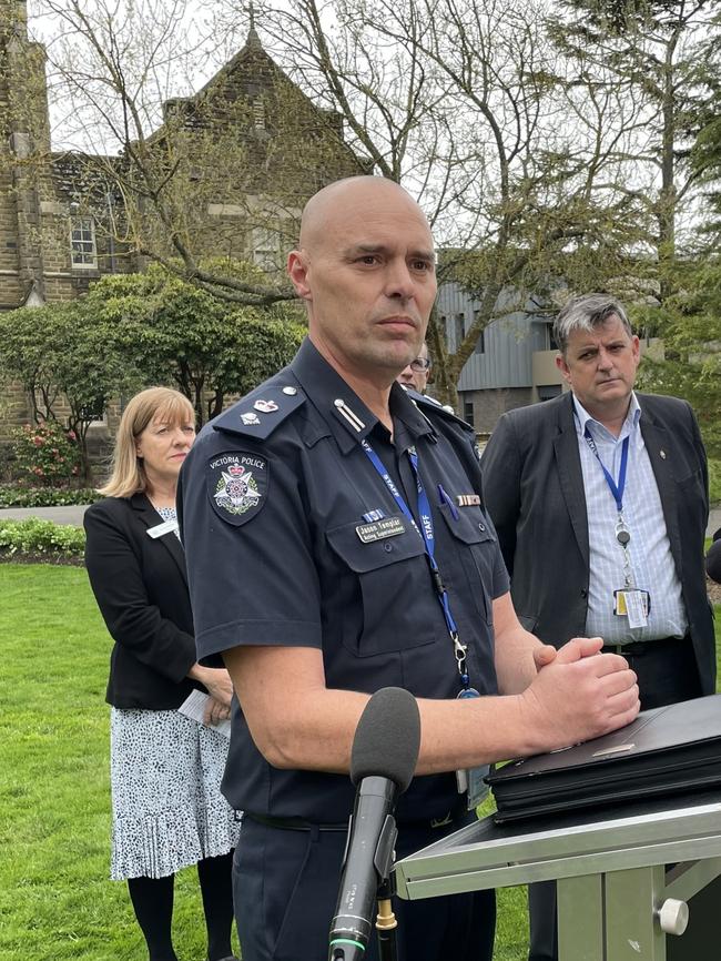 Loreto College principal Michelle Brodrick, Ballarat Superintendent Jason Templar, and Grampians Health chief executive Dale Fraser speak to the media after a bus crash.