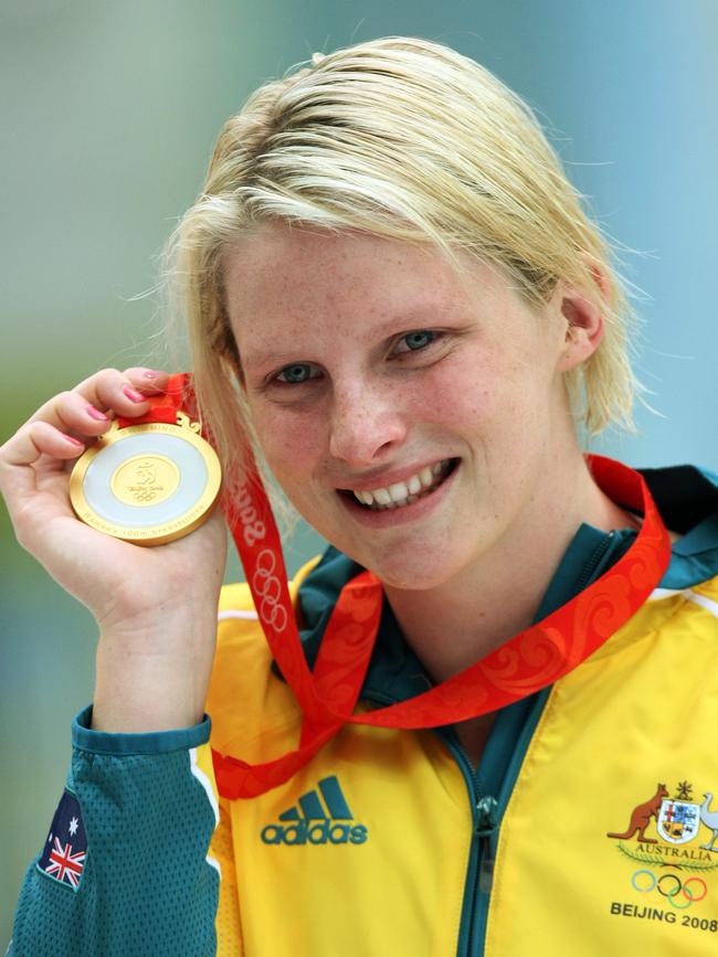 Leisel Jones with the Women's 100m breaststroke final gold medal at the Beijing Olympics in 2008. Picture: Adam Head