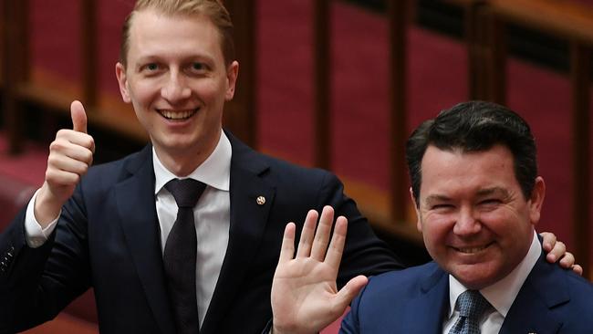 Australian Liberal Senators Dean Smith (right) and James Paterson in the Senate chamber. Picture: AAP