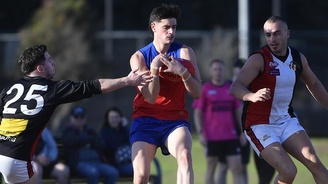 James Kayrooz marks the ball for Maribyrnong Park. Picture: Andrew Batsch