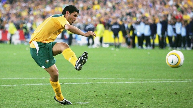 Australia’s John Aloisi scores the winning penalty against Uruguay in their qualifying match for the 2006 World Cup. Picture: Getty Images