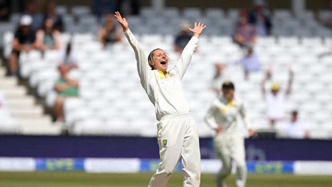 Ash Gardner of Australia celebrates taking the final wicket of Danni Wyatt to win the Women's Ashes Test match at Trent Bridge. Picture: Gareth Copley/Getty Images.