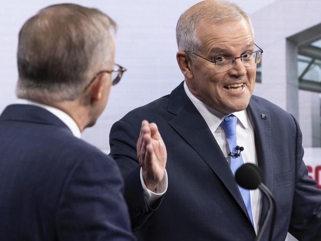 Australian Opposition Leader Anthony Albanese and Australian Prime Minister Scott Morrison during the second leaders' debate of the 2022 federal election campaign at the Nine studio in Sydney, NSW, on Sunday 8 May 2022. Photo: Alex Ellinghausen