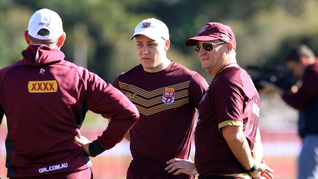 Broncos coach Kevin Walters (right) chats to son Billy (centre) during an Origin camp. Picture: Adam Head