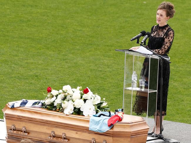 GEELONG, AUSTRALIA - FEBRUARY 14: Rebecca Cody, Principal of Geelong Grammar addresses the gathering during Troy Selwood's Funeral Service at GMHBA Stadium on February 14, 2025 in Geelong, Australia. (Photo by Michael Willson/AFL Photos via Getty Images)