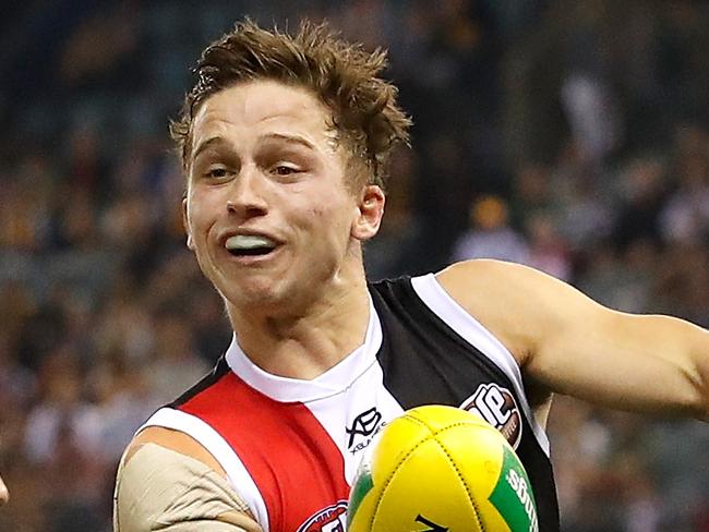MELBOURNE, AUSTRALIA - APRIL 14: Jack Billings of the Saints is tackled by James Worpel of the Hawks during the 2019 AFL round 04 match between the St Kilda Saints and the Hawthorn Hawks at Marvel Stadium on April 14, 2019 in Melbourne, Australia. (Photo by Dylan Burns/AFL Photos/Getty Images)