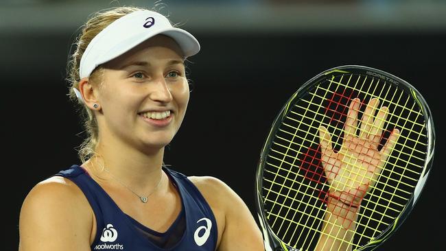 Daria Gavrilova of Australia celebrates after victory in her first round match against Naomi Broady of Great Britain on day two of the 2017 Australian Open at Melbourne Park on January 17, 2017 in Melbourne, Australia. (Photo by Clive Brunskill/Getty Images)