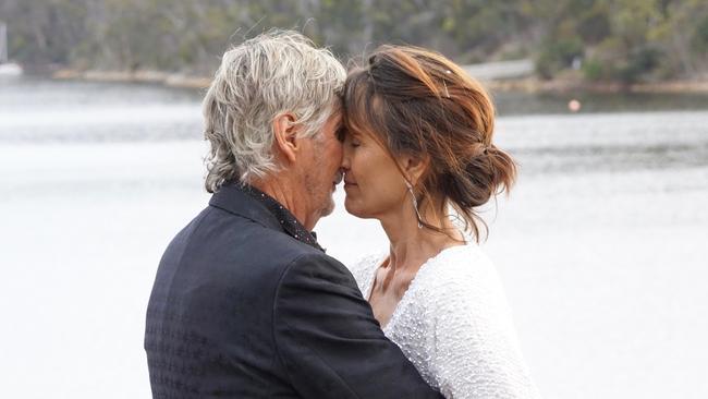 Garry Deutsher and Chris Varney-Clark were married on Bruny Island in what is believed to be Tasmania’s first Zoom wedding. Picture: CHRYSTAL FRENCH