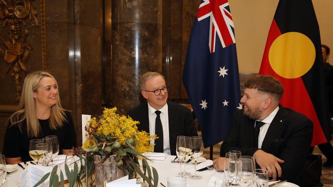 Jodie Haydon, left, Anthony Albanese and Dylan Alcott at the Australian High Commission in London on Sunday. Picture: Ella Pellegrini