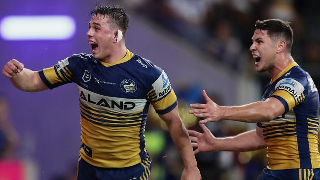 Reed Mahoney of the Eels celebrates scoring a try with team mate Mitchell Moses. Picture: Getty