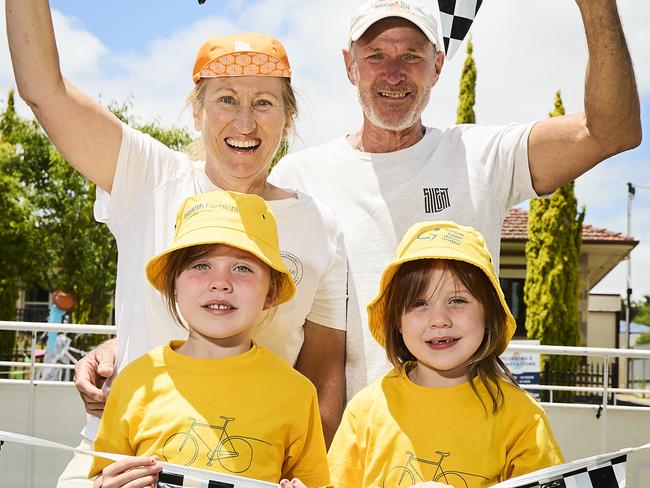 Anne-Marie and Peter Taylor with grandkids and twins, Charlotte Taylor, 5 and Cecelia Taylor, 5 at the Tour Down Under in Lobethal, Wednesday, Jan. 17, 2024. Picture: Matt Loxton [Peter 0400401800]