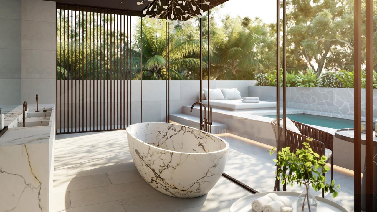 The luxurious bathrooms, tropical surroundings and private pools are reminiscent of a high-end villa in Asia ...