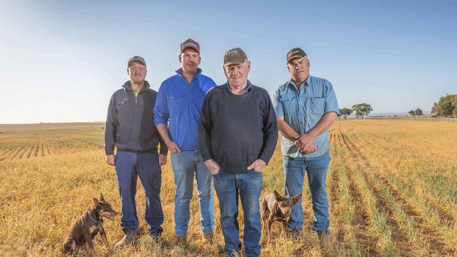 Merv Robinson, 79, son Darren, 55, right, and grandsons Daniel, 25 and Henry on their farm near Whyte Yarcowie. Picture: Ben Clark