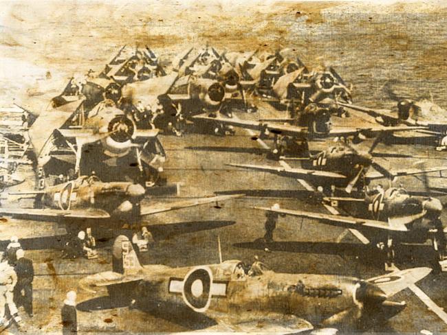 Seafires, Fireflies and Avengers prepare for takeoff aboard HMS Indefatigable. Source: Australian War Museum