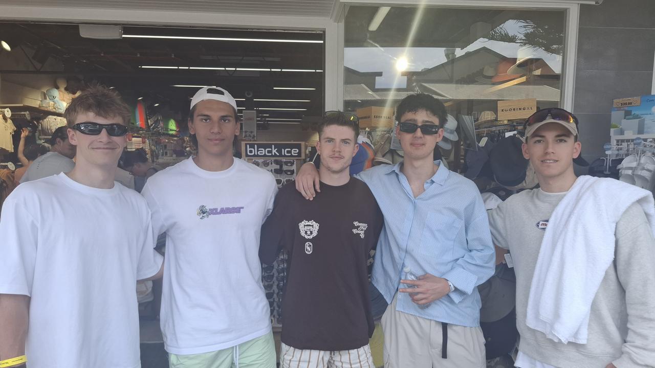 Jack Whitbread, 18, Kaelan Nathaniels, 18, Will Schinck, 18, Astyn Finney, 18, and Max Gray, 18, at Byron Bay Schoolies week celebrations on November 28, 2024.