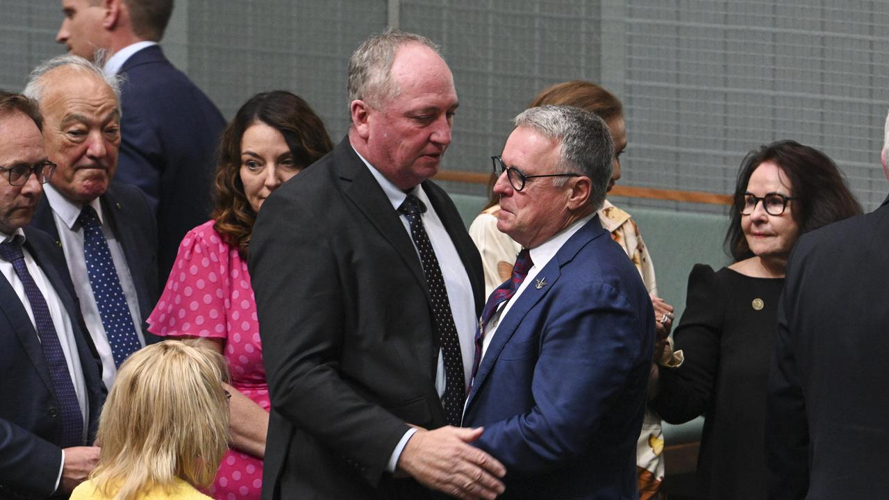 Barnaby Joyce comforted Mr Fitzgibbon after the motion. Picture: NCA NewsWire / Martin Ollman