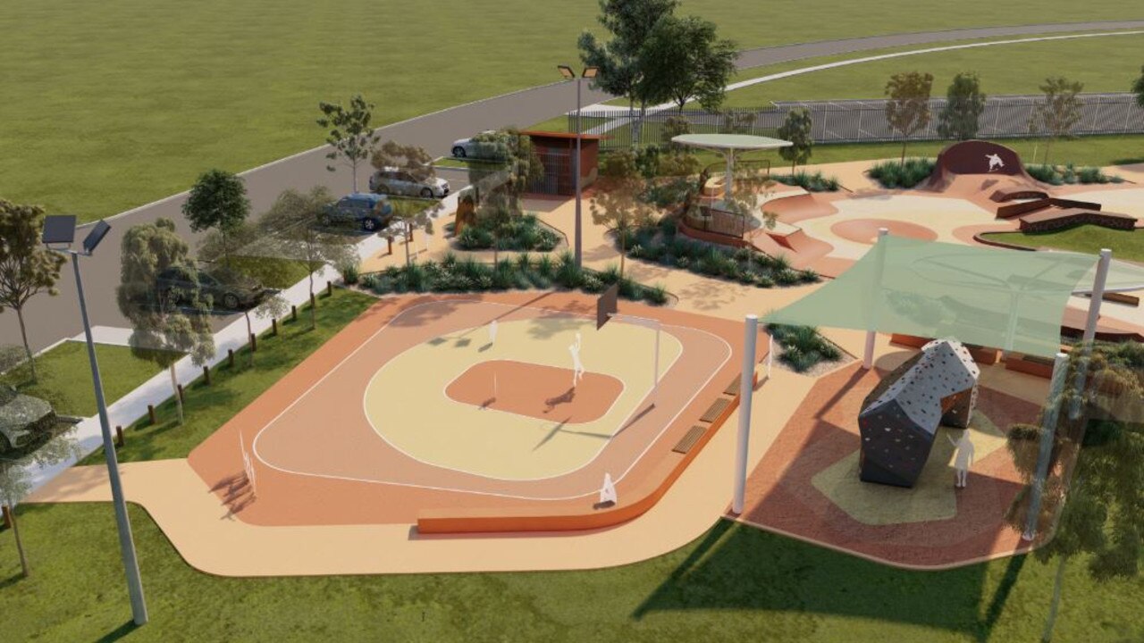 Artistic render of proposed $11.6m regional Skate and Play Precinct at Newland Park, Alice Springs. Picture: Playce