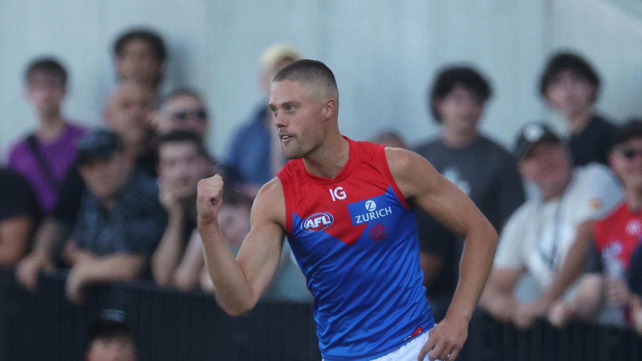 Josh Schache will partner Jacob van Rooyen in Melbourne’s forward line against Sydney with Harrison Petty out due to a toe injury. Picture: Daniel Pockett / Getty Images