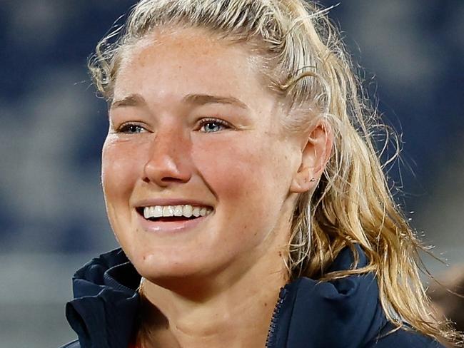 GEELONG, AUSTRALIA - AUGUST 31: Tayla Harris of the Demons celebrates during the 2024 AFLW Round 01 match between the Geelong Cats and the Melbourne Demons at GMHBA Stadium on August 31, 2024 in Geelong, Australia. (Photo by Dylan Burns/AFL Photos via Getty Images)