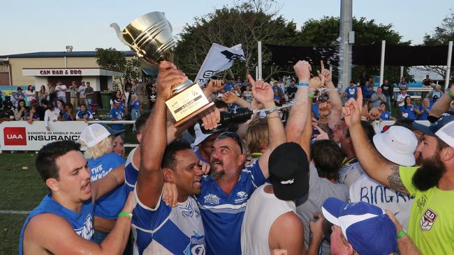 Tugun captain Rob Apanui with the premiership trophy after defeating Burleigh in the 2016 Rugby League Gold Coast grand final. Picture: Glenn Hampson