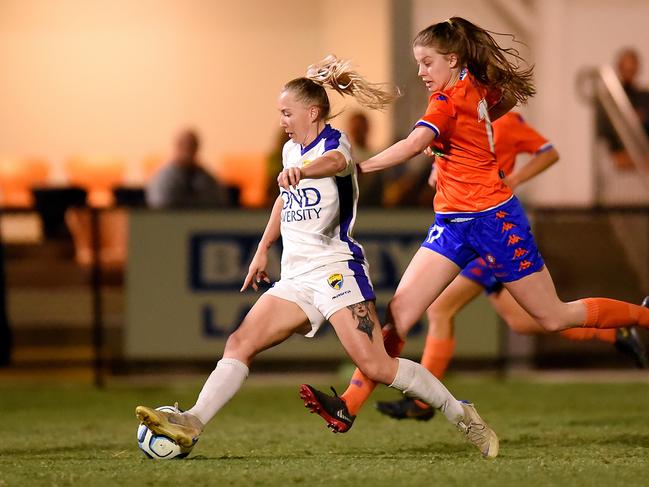 BRISBANE, AUSTRALIA - AUGUST 31: Deeanna Thompson during the NPL Queensland Senior Womens Round 26 match between Lions FC and Gold Coast United at Lions Stadium on August 31, 2019 in Brisbane, Australia. (Photo by Patrick Kearney)