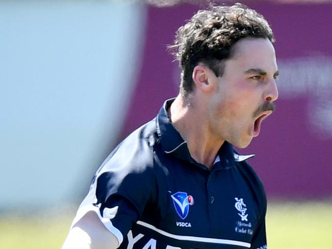 Lewis Eldridge of Yarraville celebrates taking a wicket during the Victorian Sub-District Cricket Association match between Yarraville and Oakleigh at Yarraville Oval, on October 12, 2024, in Melbourne, Australia. (Photo by Josh Chadwick)