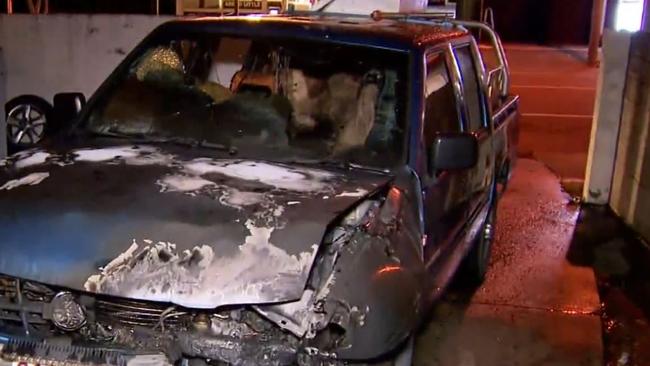 The burnt ute after the bizarre night for East Brisbane resident. Photo: 9 News