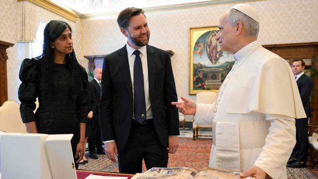 US Vice President JD Vance and his wife Usha exchanging gifts during a private audience with Pope Leo XIV in The Vatican. Picture: Simone Risoluti/Vatican Media/AFP