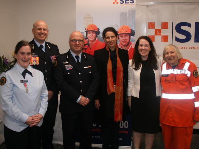 Recent 15-year award recipients Melissa Lee (left), Mosman SES Local Controller Vanden Helby (third from left) and Janet Fish (far right) with SES Deputy Commissioner Greg Newton, Mosman Mayor Carolyn Corrigan and North Sydney MP Felicity Wilson.