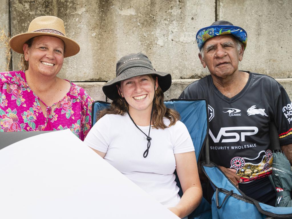 At the Warriors Reconciliation Carnival women's games are (from left) Allison Reedy, Tahlia Barnes and Charlie Daylight at Jack Martin Centre hosted by Toowoomba Warriors, Saturday, January 18, 2025. Picture: Kevin Farmer