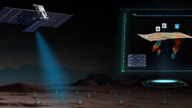 A graphic showing how Fleet Space satellites connect to sensors to visualise the subsurface.