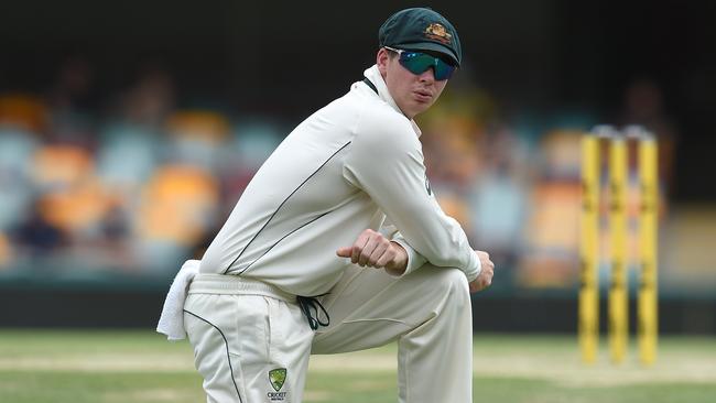 Australian captain Steve Smith reacts after a Pakistan boundary on day five at the Gabba.