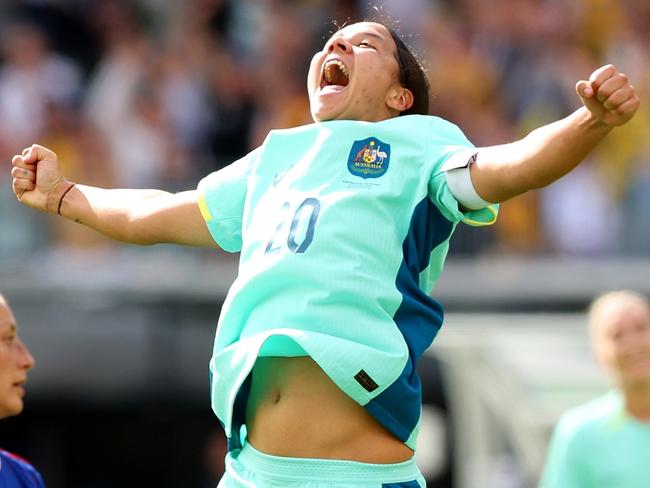 PERTH, AUSTRALIA - OCTOBER 29: Sam Kerr of the Matildas celebrates her goal during the AFC Women's Asian Olympic Qualifier match between Philippines and Australia Matildas at Optus Stadium on October 29, 2023 in Perth, Australia. (Photo by James Worsfold/Getty Images)