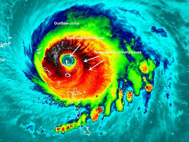 In a unique image, NASA-NOAA’s Suomi NPP satellite passed over Hurricane Irma when the island of Barbuda was in the center of the storm’s eye. Picture: NASA/NOAA/UWM-CIMSS, William Straka III