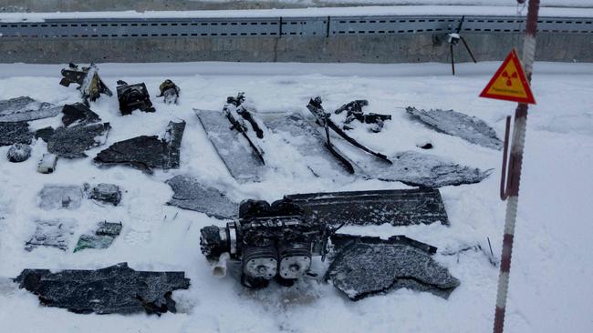 Parts of an explosive device were found at the Chernobyl shelter after the drone attack on Friday. Picture: Tetiana Dzhafarova / AFP