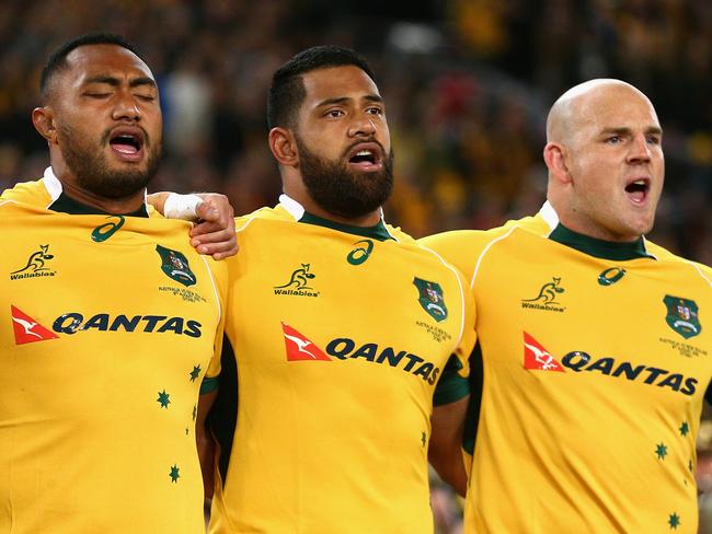 SYDNEY, AUSTRALIA - AUGUST 08: (L-R) James Horwill, Sekope Kepu, Scott Sio and Stephen Moore of the Wallabies sing the Australian national anthem during The Rugby Championship match between the Australia Wallabies and the New Zealand All Blacks at ANZ Stadium on August 8, 2015 in Sydney, Australia. (Photo by Cameron Spencer/Getty Images)