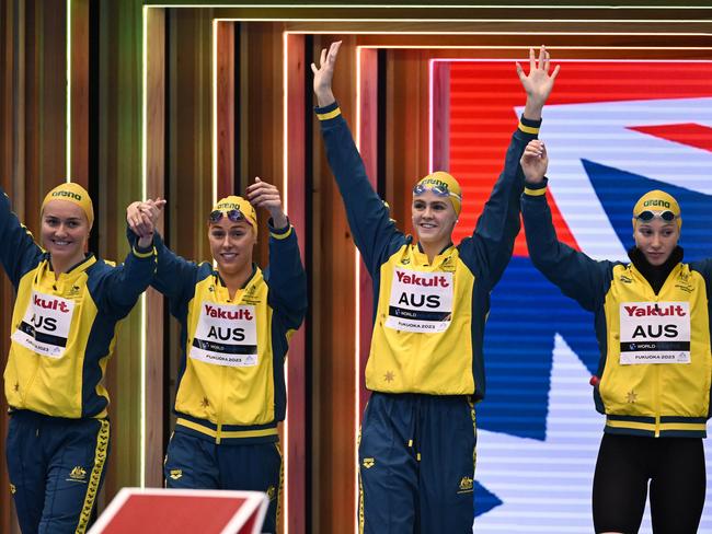 FUKUOKA, JAPAN - JULY 27: Ariarne Titmus, Brianna Throssell, Shayna Jack of Team Australia and  Mollie O'Callaghan of Team Australia prepare to compete in the Women's 4 x 200m Freestyle Relay Final on day five of the Fukuoka 2023 World Aquatics Championships at Marine Messe Fukuoka Hall A on July 27, 2023 in Fukuoka, Japan. (Photo by Quinn Rooney/Getty Images)