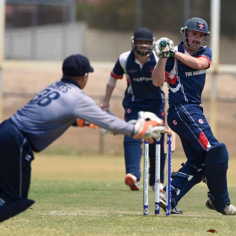 Kookaburra Cup cricket - top-of-the-table clash between Broadbeach Robina and Mudgeeraba Nerang at Broadbeach Sports and Recreation Centre. Mudgeeraba Nerangs Howard Biddle batting with wicket keeper Steven Baker. (Photo/Steve Holland)