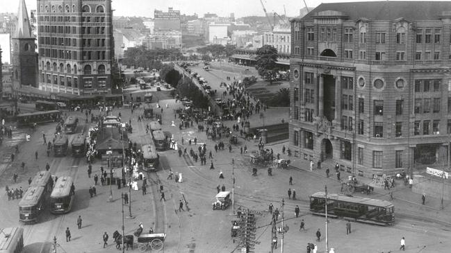 Trams move through Sydney’s Railway Square in 1920. Picture: Historic Houses Trust.