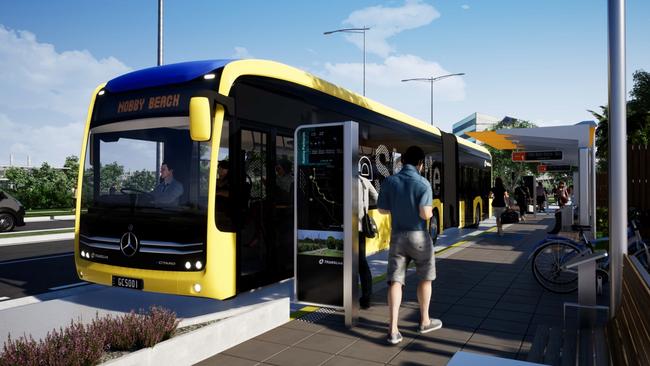 An artist impression of the proposed Gold Coast electric bus system, known as the Bus Rapid Transit (BRT).