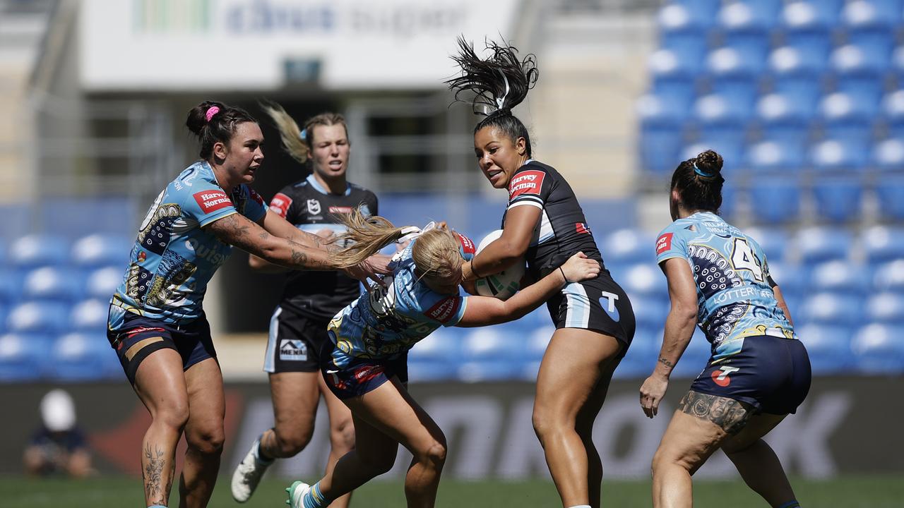 Tiana Penitani led from the front as the Sharks beat the Titans to remain undefeated. Picture: Russell Freeman/Getty Images